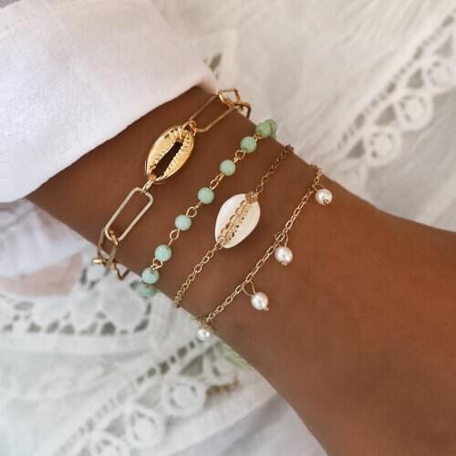 4pcs/set Trendy Shell Chains bracelet set For Women Bohemia Beads Faux pearls charm Bangle Girls Fashion Jewelry Gift