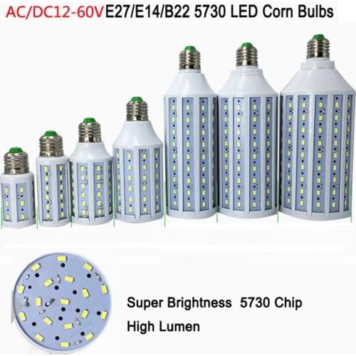 50pcs AC/DC12V-60v 7w 10w 15w 18w 25w 30W E27 E14 B22 12v 24v 48v 60V led corn bulbs smd 5730 LED corn light warm/cool white
