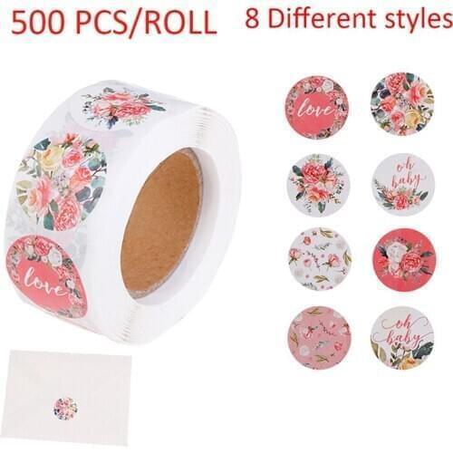 500Pcs Pink Flower Stickers Rolls for Love Oh Baby Stickers Labels Seal Stickers