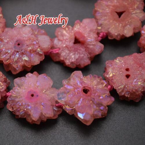 5 Beads Rose Red Color Drusy Crystal Flower Beads Rainbow Color Plated Natural Semi-precious Stone Beads For Jewelry Making