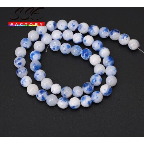 Natural Stone Beads Round Blue White Persian Jades Loose Spacer Beads For Jewelry Making DIY Bracelets Accessories 15'' 6mm-12mm