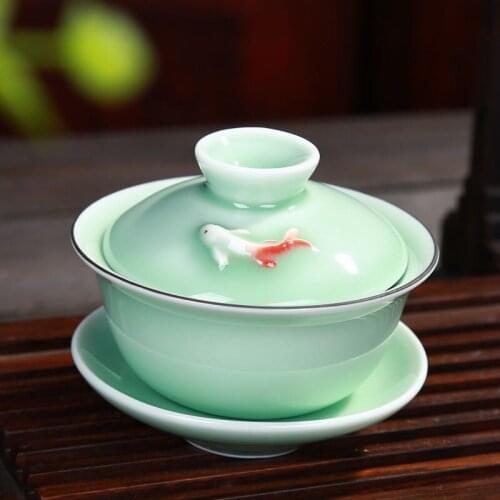 Longquan celadon colored carp kung fu tea set 3D Celadon ceramics tea set Chinese Cover bowl teapot fish cup set