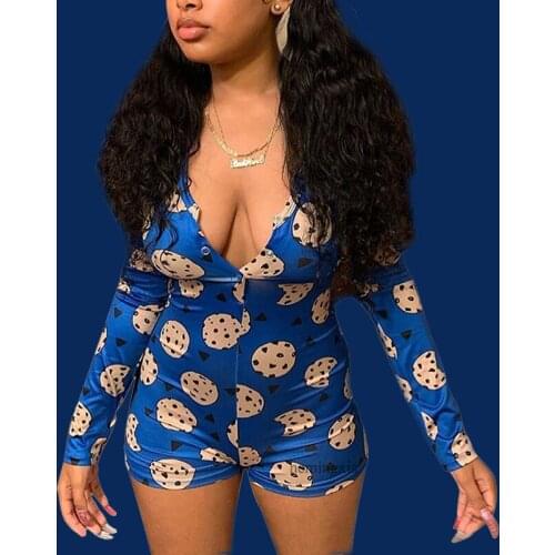 Onesi Women Sexy Jumpsuit Sleepwear Long Sleeve Funny Print V Neck Ladies Summer Playsuit Romper Bodysuit Casual Homewear Onsies