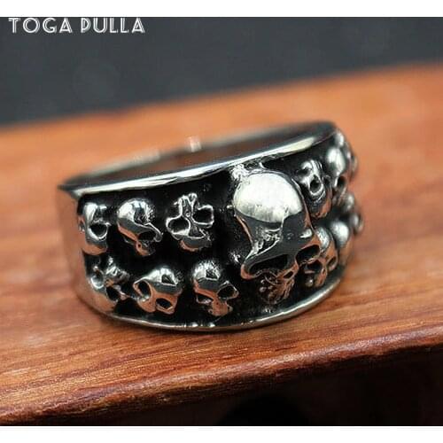 Gothic Punk Double Row Skull Ring Mens Stailess Steel Skull Biker Ring Male Heavy Hip Hop Ring Jewelry Best Gift For Friends