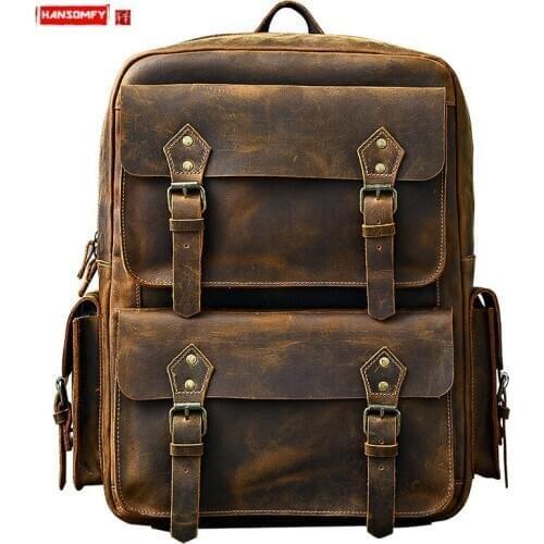 Mens Backpack Laptop Bags Schoolbag Outdoor Travel Backpacks Cowhide Leather Vintage Original Oversized Crazy Horse Leather Men