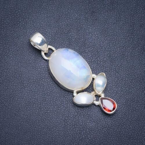 Natural Rainbow Moonstone,River Pearl and Garnet Handmade Unique 925 Sterling Silver Pendant 1.75" A0475