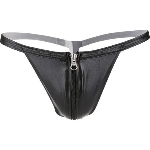 Open zipper Men G String Micro Mini Thong Sexy Panty Gay Erotic Lingerie Briefs Underwear leather Male Panty