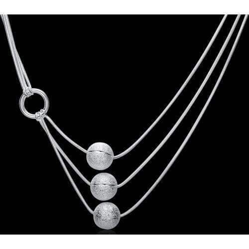 N925 sterling Silver color ladies three sand beads necklace 17 inch simple spherical pendant foreign trade snake necklace N187