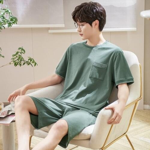 Comfortable Cotton Mens Pajama Set Summer New Men Pajamas Mens Short Sleeve Nightwear Short Top Pant Leisure Outwear Sleepwear