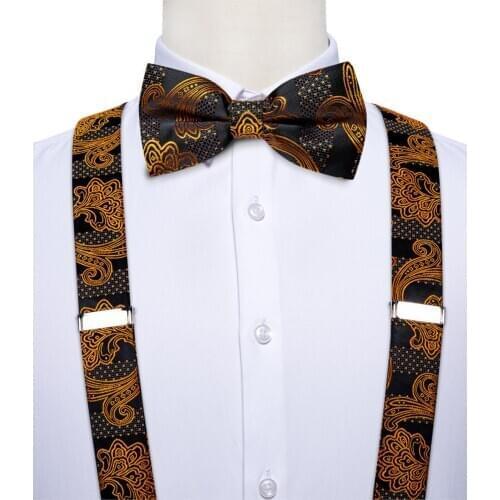 Luxury Gold Black Mens Suspenders Set Fashion Real Leather 6 Clips Suspenders Braces Wedding Silk Suspenders Bow Tie Set DiBanG