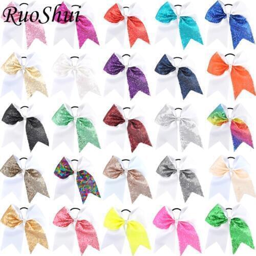 7 inch 26 pcs/lot Rhinestone Cheerleading Bow Rainbow Sequin Ribbon Girls Elastic Hair Band Woman Scrunchy Hair Accessories