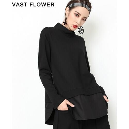 Zipper Patchwork Black Stand Collar Long Sleeve T Shirt Women Plus Size Fashion Loose Tops Korean Clothes Spring Autumn 2021