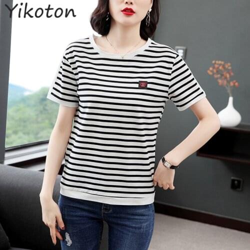2021 Summer Women Tshirt Striped Cotton Short Sleeve T-shirt Womens Clothing V-neck T Shirt Female Top Fashion Shirts Femme