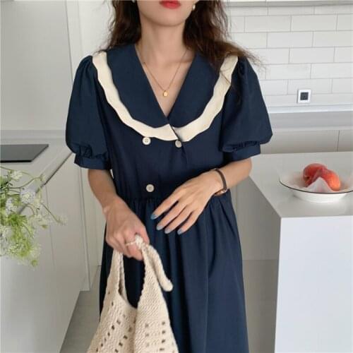 Women Summer Vintage Long Shirt Dress 2021 New Wave Cut Peter Pan Collar Double Breasted High Waist A-line Sundress