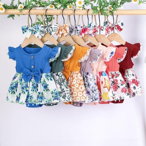 2021 Lovely Newborn Floral Bodysuit Baby Girl Fly Sleeve Round Neck Bowknot Button Skirt Romper + Headband 0-18M