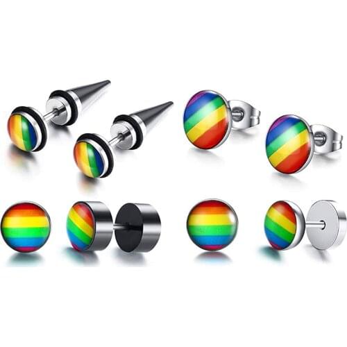 4 Pairs Gay Lesbian Pride Rainbow Ear Round Hoop Stud Earring for Gay & Lesbian Pride Jewelry