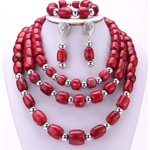 4ujewelry Latest 13-15mm Nigerian Coral Beads Necklace Jewelry Set Red / Wine African Coral beads Nigeria For Women