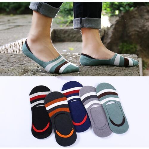 5 pairs/lot Invisible socks mens silicone non-slip spring summer cotton shallow stripe socks men Classic Boat Sock