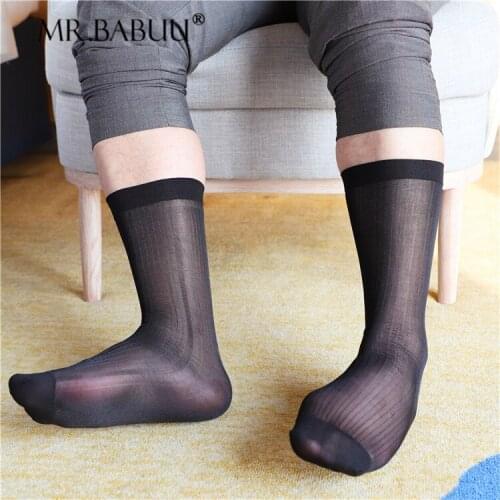 5Pair/lot Men to work with leather shoes business dress summer thin striped black navy blue nylon short silk stockings