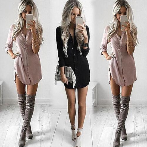 Button up Long Blouse Womens Ladies V Neck Fashion Long Sleeve Loose Casual Autumn Shirt Summer Tops Casual Mini Dress Female