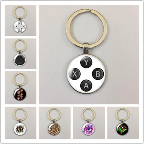 Love game puzzle cube game keyboard round glass glass cabochon silver-plated keychain keychain jewelry gift keychain