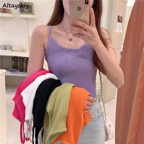 Camisole Women Candy Colors Female Leisure Knitting Korean Sweet Summer Ulzzang Student Inside All-match Stylish Soft Crops Tops