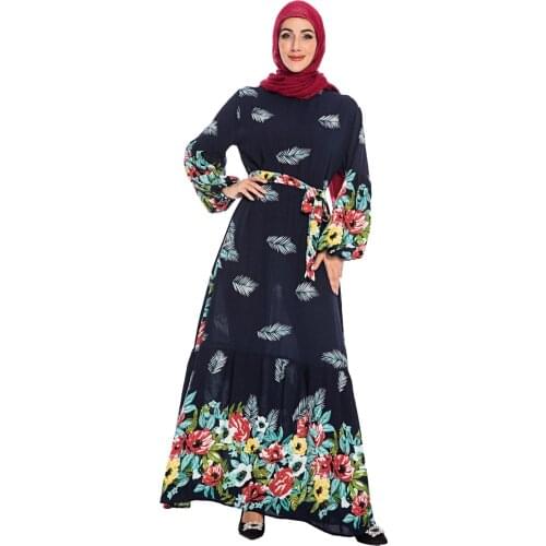 Muslim Womans Dress Muslim Fashion Loose Print Dress Middle East Saudi Arabia Abaya Dubai Abaya Long Dress Belt Donsignet