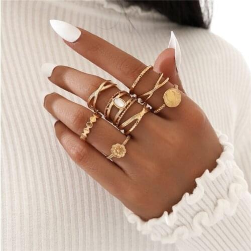 WUKALO 8pcs/sets Bohemian Geometric Rings Sets Crystal Stone Gold Color Flower Rings for Women Jewelry Accessories