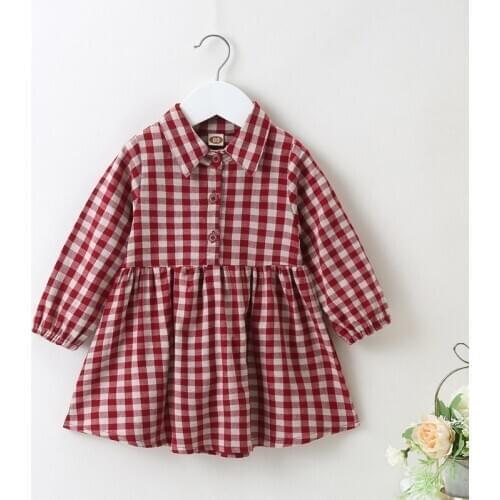 New Fall Spring Baby Girl Dress Sweet Plaid Single Breasted Collar Long Sleeve Princess Dress Casual Toddler Girl Clothes 0-24M