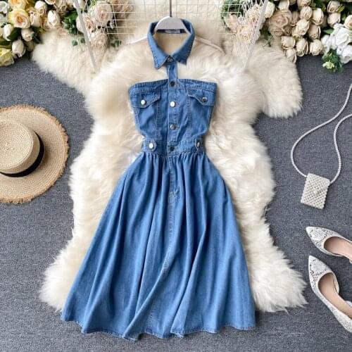Summer New Style Sexy Women Denim Jeans Halter Dress Vestidos Strapless Backless Woman Slim Chic Jean Dresses s766
