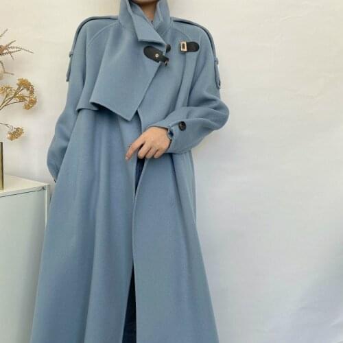 High End Loose Double Sided Woolen Overcoat Women 2021 Winter Korean Handmade Long Lacing Belt Black 100% Wool Coat Oversized