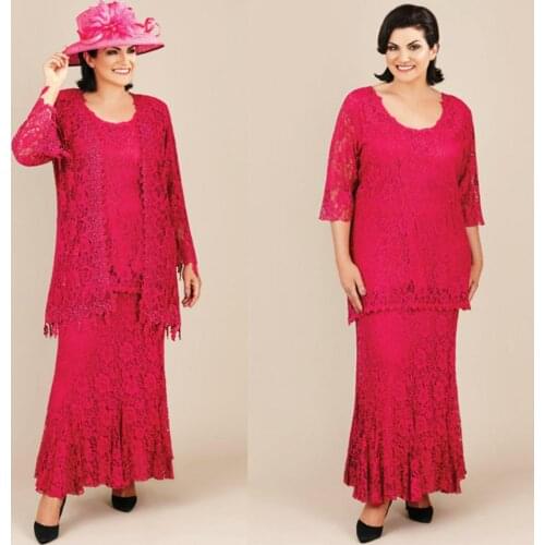 Water Melon Mother Of The Bride Dresses With Jacket Lace Appliqued Long Sleeve Wedding Guest Dress Ankle Length Plus Size