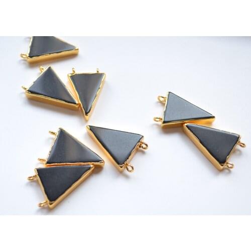 Nature black Obsidian triangle connector pendant with gold electroplated edges for jewelry making