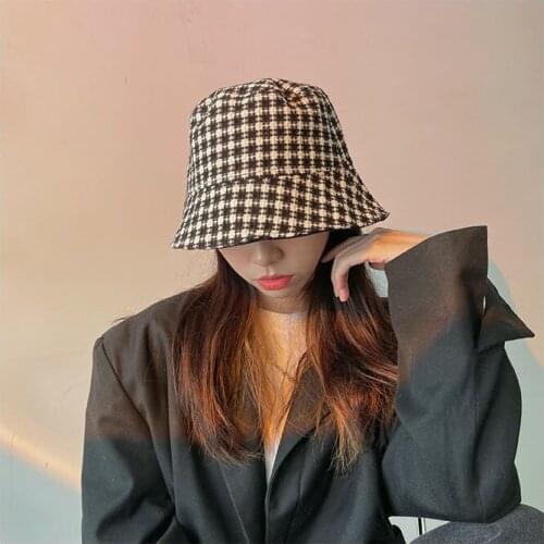Korean little sister double-sided lattice fisherman hat female spring and summer versatile fashionable temperament basin hat