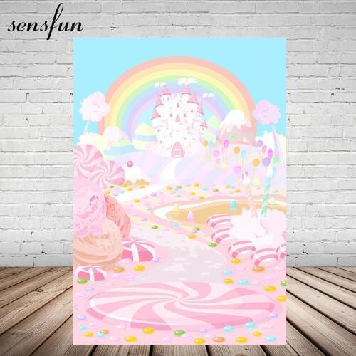 Sensfun Photography Backdrop Girls Rainbow Castle Candyland Pink Happy Birthday Party Baby Shower Backgrounds 5x7ft Vinyl