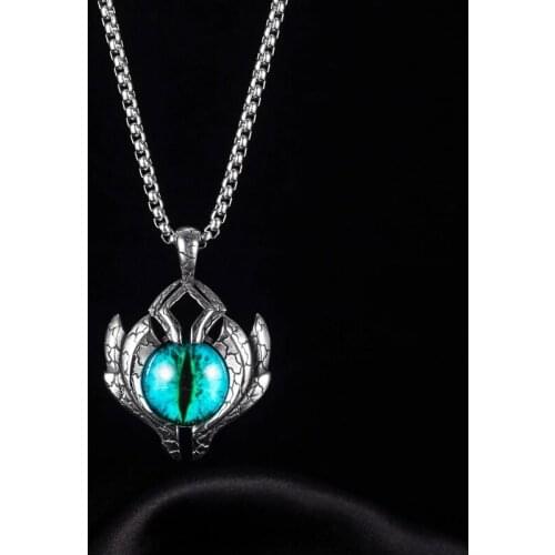 Vintage Titanium Steel Feather Blue Devil Eye Pendant Necklace Devil Eye Stone Gothic Punk Jewelry for Mens