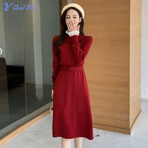 YQJRE Autumn New Style Elegant French Retro Lace Half Turtleneck Knitted Waist Dress