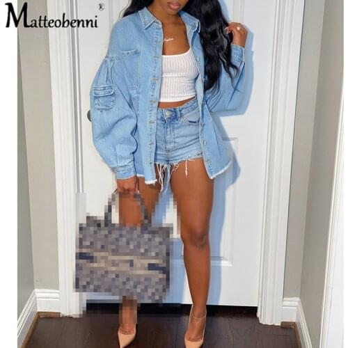 Womens Pocket Jeans Jacket Denim Fringe Long Coats for Women Autumn Fashion Vintage Casual Jackets Women 2020 Streetwear Coats