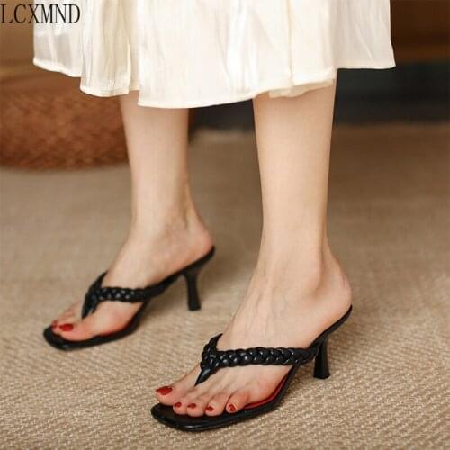 High Quality Womens Slippers 2021 Spring/summer New Square Toe Flip-flops Womens Stiletto Heels Foot Slipper Size 33-39