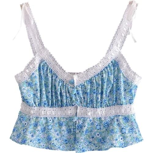 YENKYE Romantic Lace Patchwork Floral Print Cami Top Women Sexy Sleeveless Fashion Summer Tops