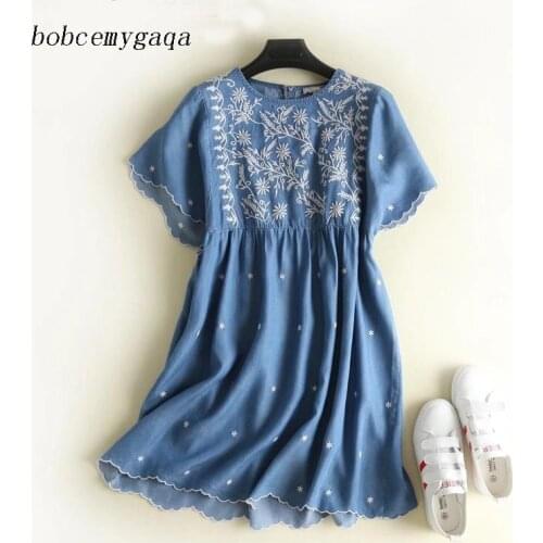 Summer floral Embroidered Denim Dress Women High Waist Blue O Neck Short Sleeve Soft Jeans Casual Dresses Cotton