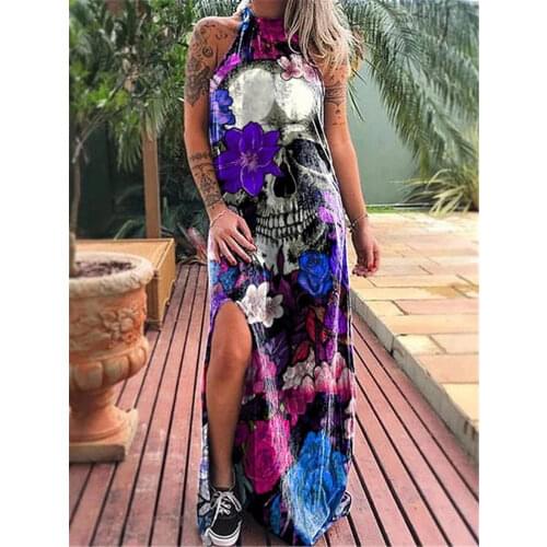 Sleeveless Summer Dress Skull Flower Print Halter Dress Women Punk Gothic Style Sexy Midi Off Shoulder Elegant Side Slit Dresses