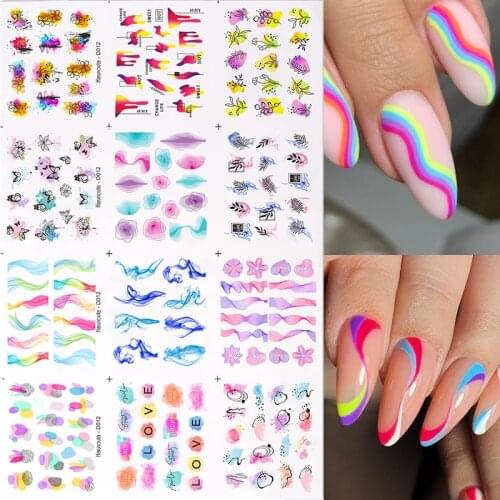 12pcs/set Water Decals Wave Line Stripe Flower Floral Leaf Water Transfer Stickers Abstract Face Snake French Geometric Slider