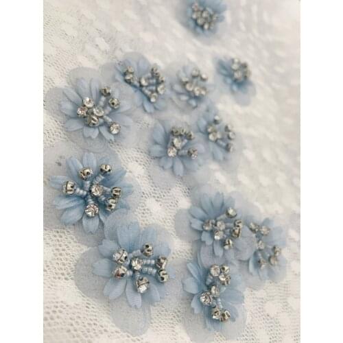 5 pcs Light Blue Bead Florwers Applique 3D Lace Applique For Couture Supplies
