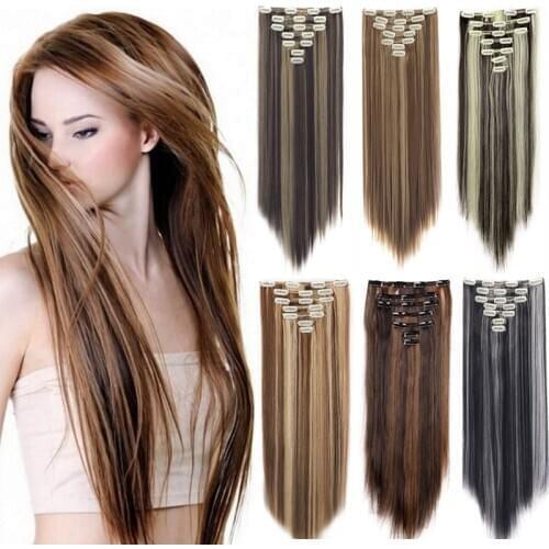 7Pcs Set 16 Clips 22 24 Inch Straight Wavy Curly Full Head Clip In on Double Weft Hair Extensions Solid Color Mixing Color