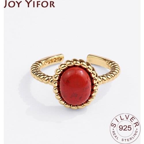 925 Sterling Silver New Simple Design Red Stone Gold Color Rings Retro Distressed Opening Handmade Ring Fashion Fine Jewelry