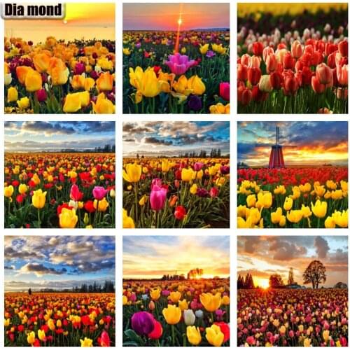 5D Full Drill Diamond Painting Tulip Flower Diamond Embroidery Landscape Sunset Mosaic Cross Stitch Home Decor Handmade Gift