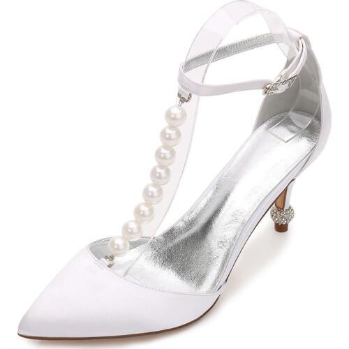 Kitten Heels Satin Women Formal Party Shoes Pointed Toe Pearls Mid Heels Wedding Prom Evening Office Lady Dress Pumps