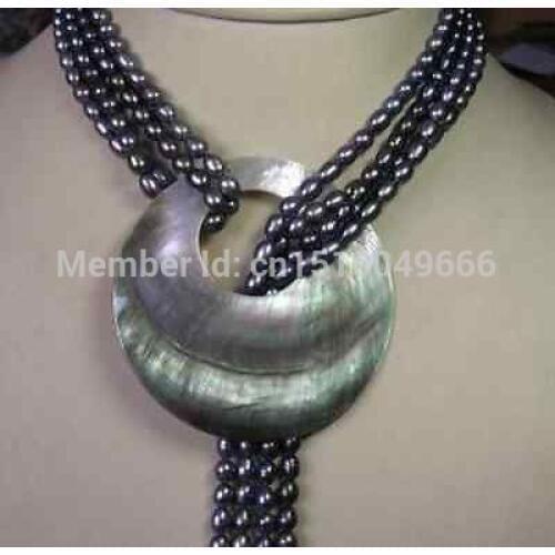 FREE SHIPPING>>>>>2 Strands 6-7mm Black Freshwater Pearl Necklace 50inch Shell Clasp