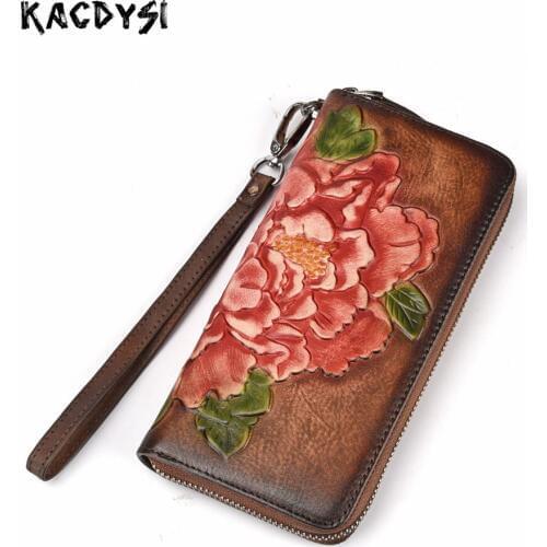 Handmade Long Vintage Women Purse Genuine Cowhide Leather Embossing Brush Color Ladies Wallet Fashion Day Clutches Wristlets New